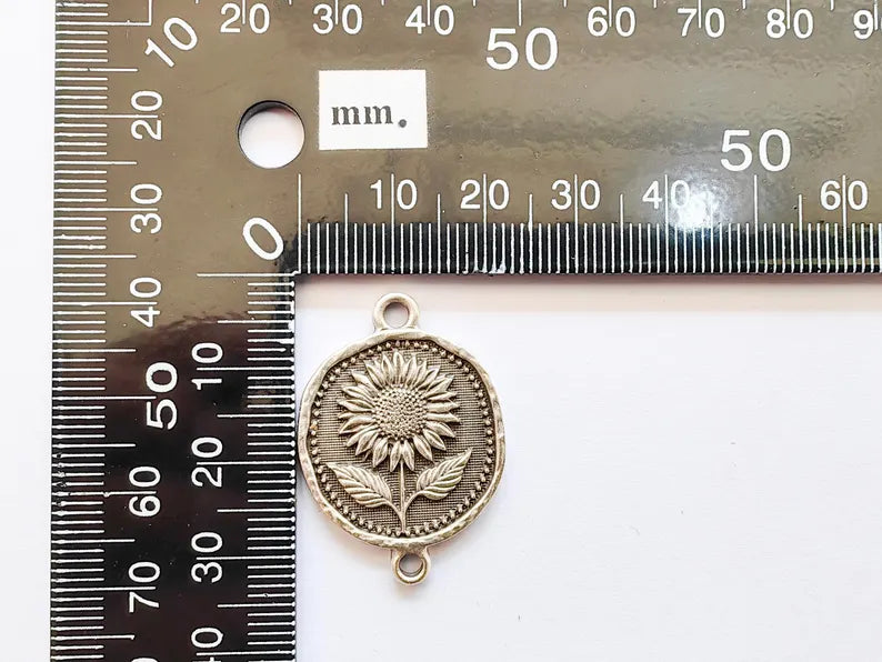 Sunflower Connector Charm, Floral Pendant, Boho Jewelry Making Supplies, Antique Silver Plated, 31x22mm G37344