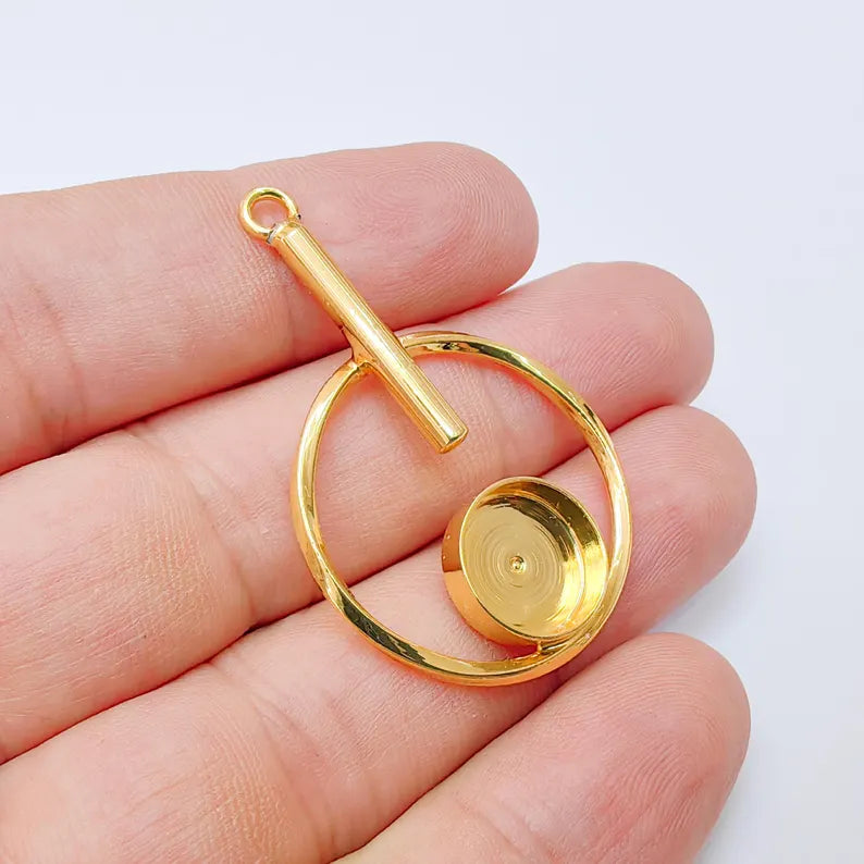 Geometric Pendant with Bezel, Earring Base, 24k Shiny Gold Brass Charm, Adjustable Jewelry Making Supplies, 45x29mm, 12mm Bezel G37352