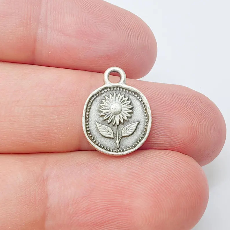 4 Sunflower Charm Pendant, Double Sided Flower Jewelry Making Supplies, Antique Silver Plated, 16x12mm G37356