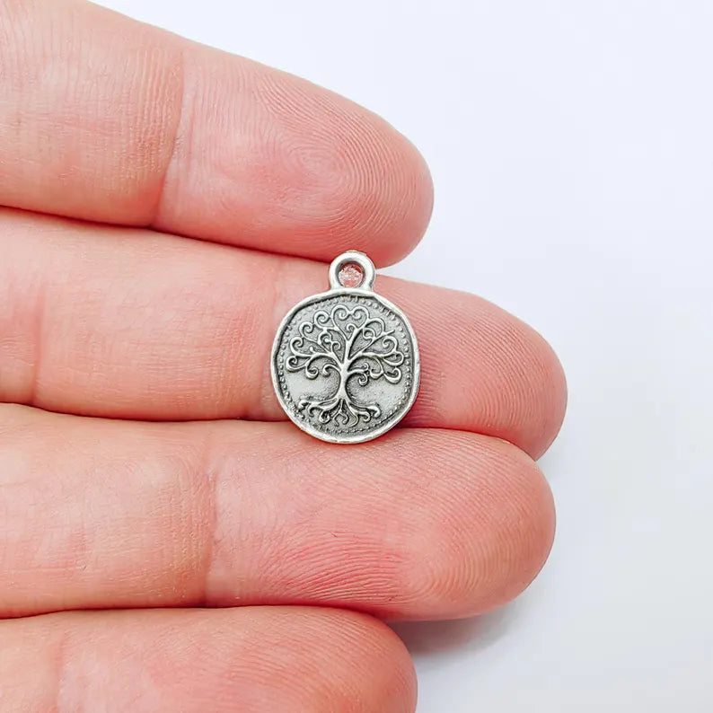 4 Tree of Life Charm Pendant,4 Round Double Sided Jewelry Making Supply, Antique Silver Plated Zamac, 16x13mm, G37414