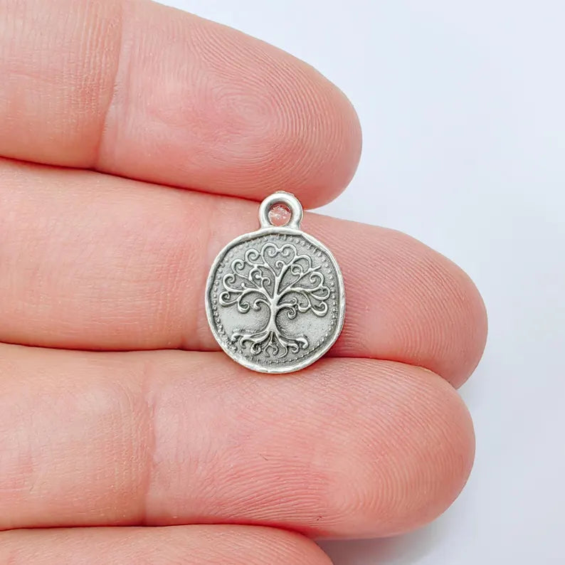 4 Tree of Life Charm Pendant,4 Round Double Sided Jewelry Making Supply, Antique Silver Plated Zamac, 16x13mm, G37414