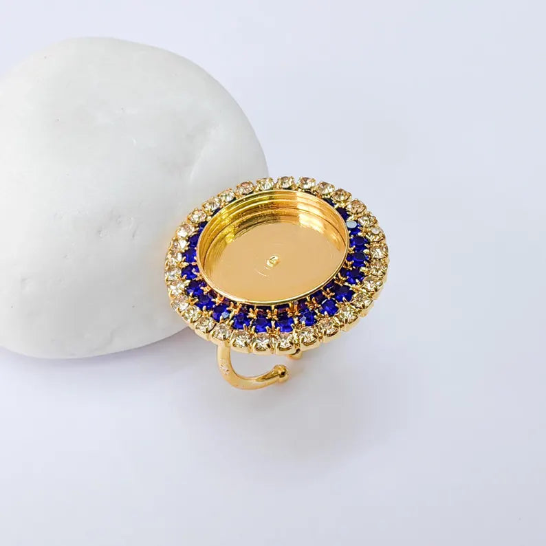 Navy Blue Crystal Ring Bezel, Adjustable Ring Base, 16mm Round Bezel Setting, 24K Shiny Gold, G37416