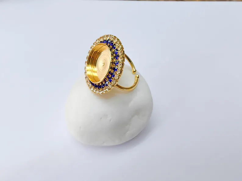 Navy Blue Crystal Ring Bezel, Adjustable Ring Base, 16mm Round Bezel Setting, 24K Shiny Gold, G37416