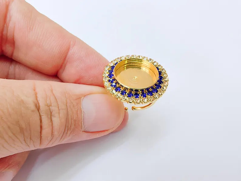 Navy Blue Crystal Ring Bezel, Adjustable Ring Base, 16mm Round Bezel Setting, 24K Shiny Gold, G37416