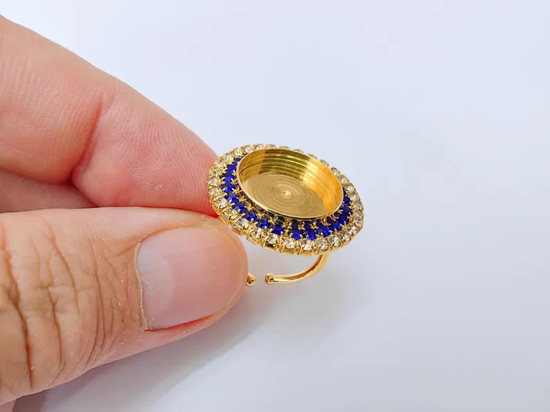 Navy Blue Crystal Ring Bezel, Adjustable Ring Base, 16mm Round Bezel Setting, 24K Shiny Gold, G37416