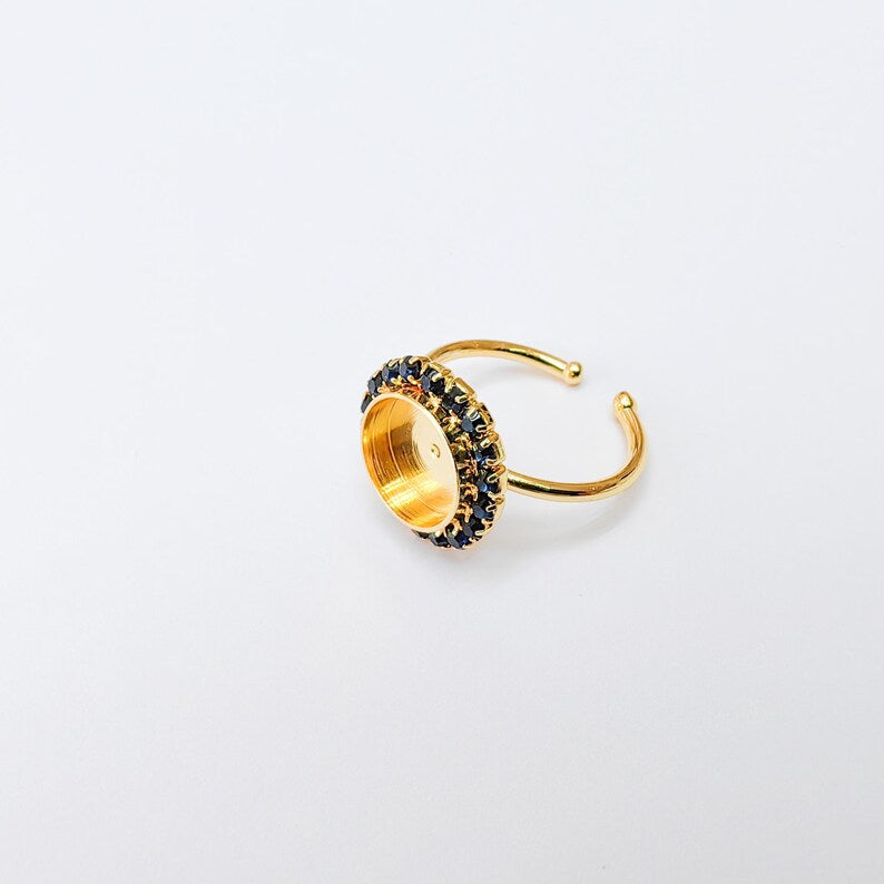Ring Blank with Dark Sapphire Color Crystals, Bezel Setting Cabochon Resin Mounting Shiny Gold Brass Adjustable Ring Base 10mm bezel G37417