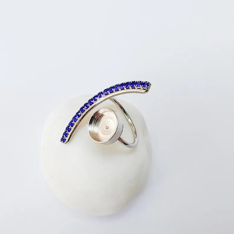Navy Blue Crystal Accent Adjustable Ring Bezel, 10mm Bezel Cup, Shiny Silver Brass, G37420