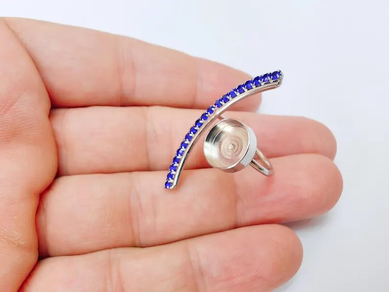 Navy Blue Crystal Accent Adjustable Ring Bezel, 10mm Bezel Cup, Shiny Silver Brass, G37420