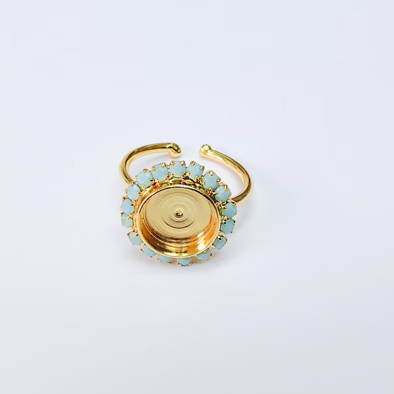 Turquoise Crystal Ring Bezel, Adjustable Ring Base, 10mm Round Bezel Setting, 24K Shiny Gold, G37422