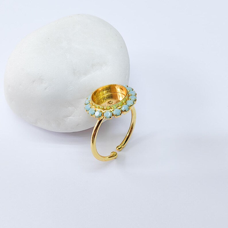 Turquoise Crystal Ring Bezel, Adjustable Ring Base, 10mm Round Bezel Setting, 24K Shiny Gold, G37422
