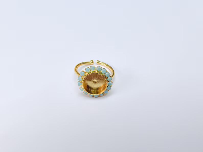 Turquoise Crystal Ring Bezel, Adjustable Ring Base, 10mm Round Bezel Setting, 24K Shiny Gold, G37422