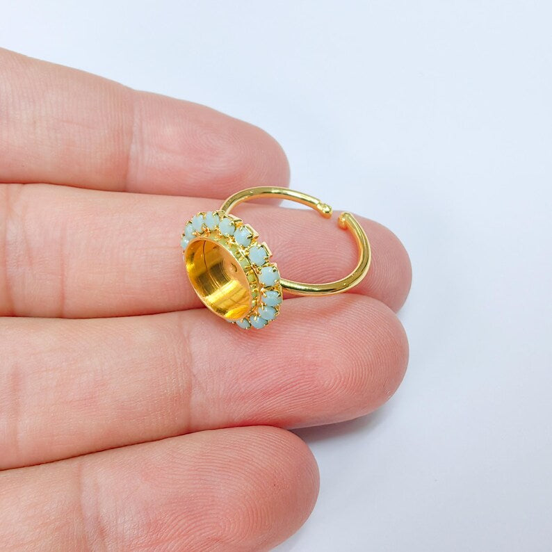 Turquoise Crystal Ring Bezel, Adjustable Ring Base, 10mm Round Bezel Setting, 24K Shiny Gold, G37422