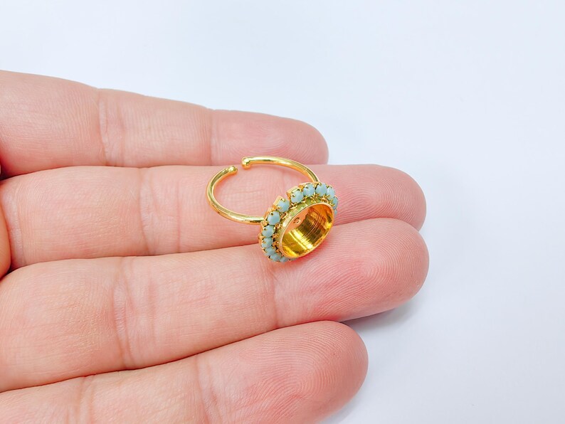 Turquoise Crystal Ring Bezel, Adjustable Ring Base, 10mm Round Bezel Setting, 24K Shiny Gold, G37422