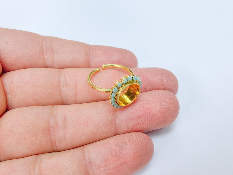 Turquoise Crystal Ring Bezel, Adjustable Ring Base, 10mm Round Bezel Setting, 24K Shiny Gold, G37422