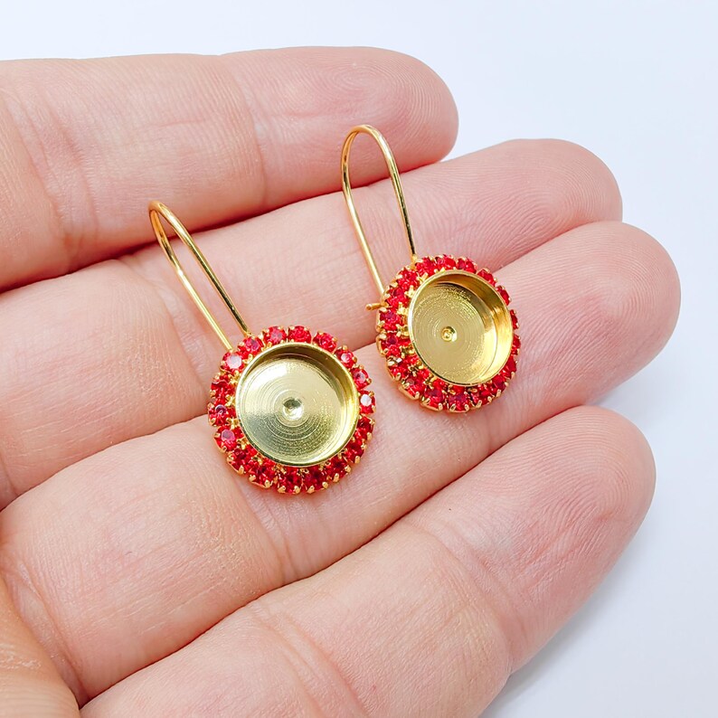 Red Crystal Hook Earrings with 10mm Bezel, 24k Gold Plated Drop Settings, DIY Jewelry Making, G37429