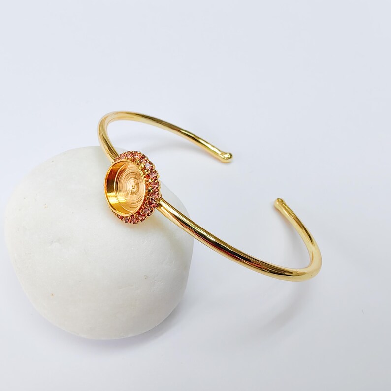 Pink Crystal Accent Bracelet Bezel, Adjustable Cuff Bangle, 10mm Round Setting, 24k Shiny Gold Brass, G37430