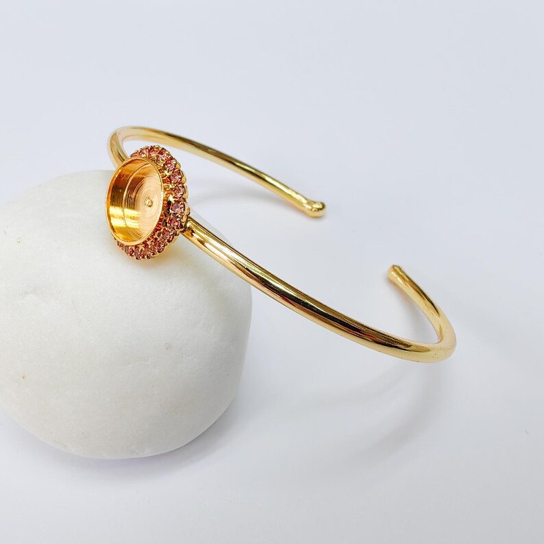 Pink Crystal Accent Bracelet Bezel, Adjustable Cuff Bangle, 10mm Round Setting, 24k Shiny Gold Brass, G37430