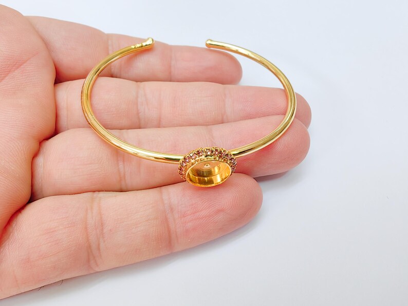 Pink Crystal Accent Bracelet Bezel, Adjustable Cuff Bangle, 10mm Round Setting, 24k Shiny Gold Brass, G37430