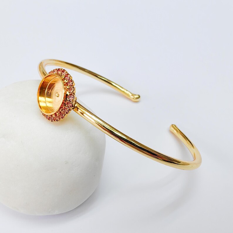 Pink Crystal Accent Bracelet Bezel, Adjustable Cuff Bangle, 10mm Round Setting, 24k Shiny Gold Brass, G37430