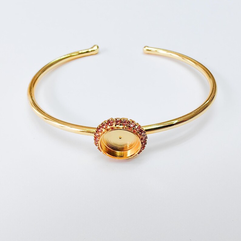 Pink Crystal Accent Bracelet Bezel, Adjustable Cuff Bangle, 10mm Round Setting, 24k Shiny Gold Brass, G37430