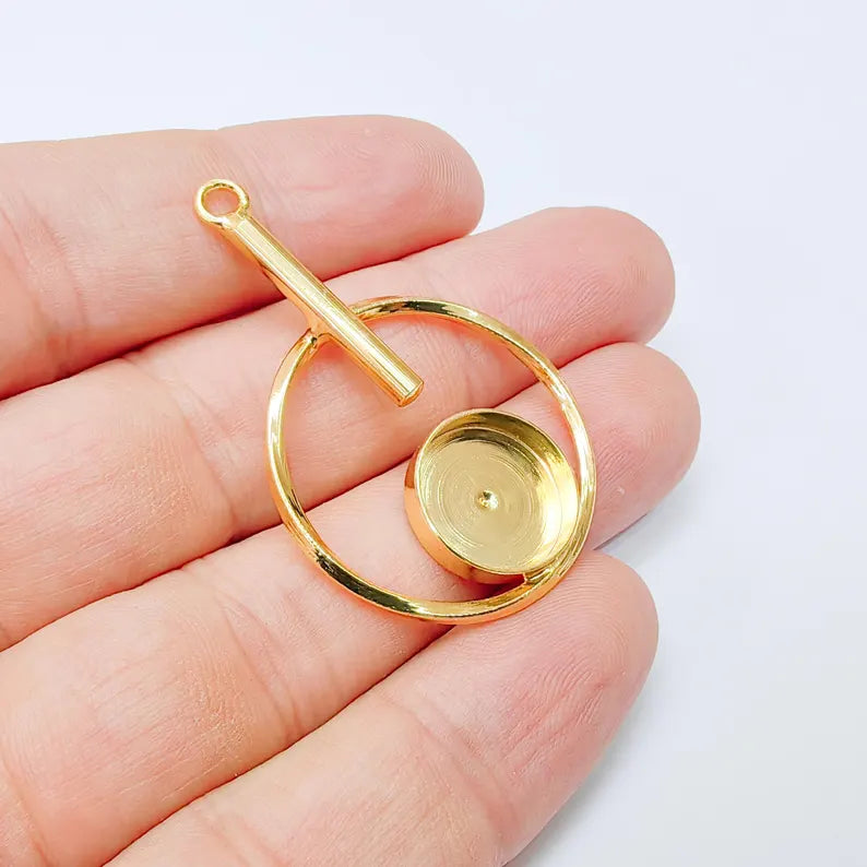 Geometric Pendant with Bezel, Earring Base, 24k Shiny Gold Brass Charm, Adjustable Jewelry Making Supplies, 45x29mm, 14mm Bezel G37431