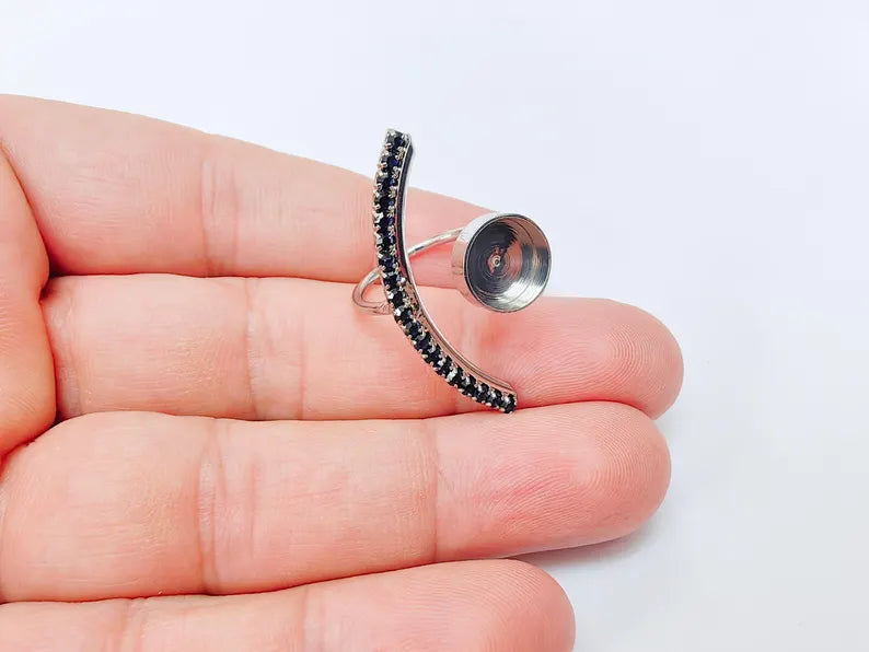 Dark Navy Blue Crystal Accent Adjustable Ring Bezel, 10mm Bezel Cup, Shiny Silver Brass, G37433