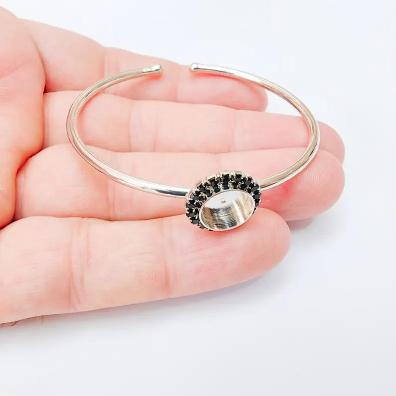 Black Crystal Bangle Bracelet, Shiny Silver Adjustable Cuff, 10mm Bezel Jewelry Making Supplies, G37434