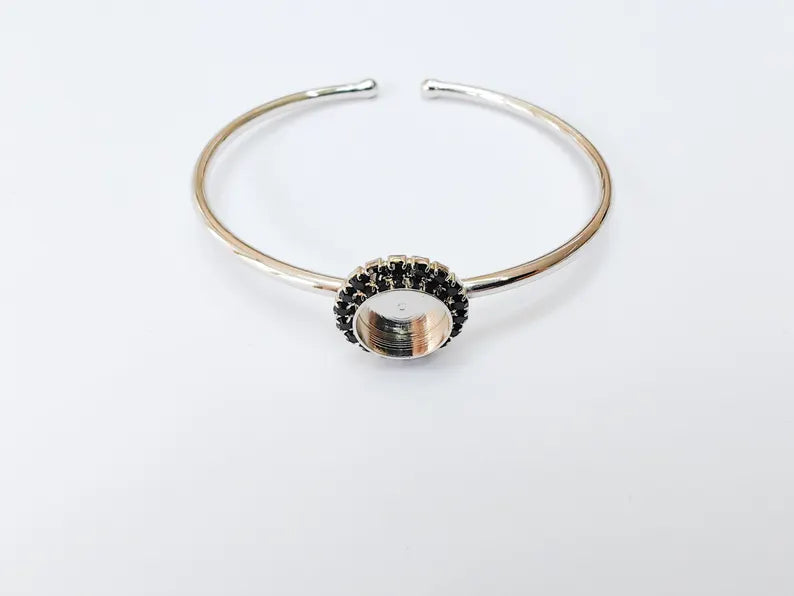 Black Crystal Bangle Bracelet, Shiny Silver Adjustable Cuff, 10mm Bezel Jewelry Making Supplies, G37434