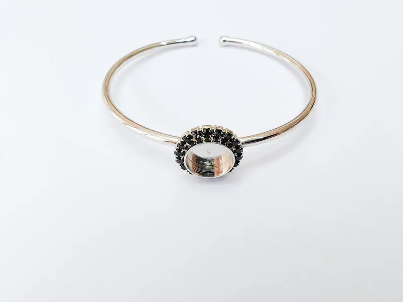 Black Crystal Bangle Bracelet, Shiny Silver Adjustable Cuff, 10mm Bezel Jewelry Making Supplies, G37434