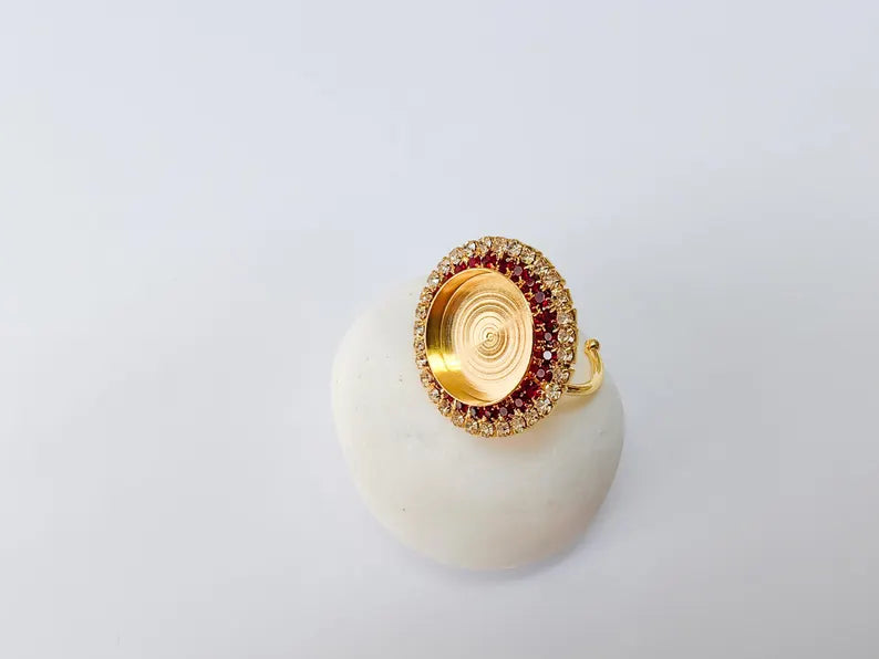 Red Crystal Ring Bezel, Adjustable Ring Base, 16mm Round Bezel Setting, 24K Shiny Gold, G37438