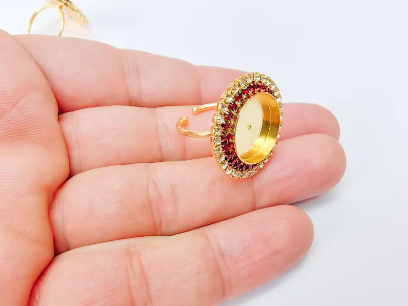 Red Crystal Ring Bezel, Adjustable Ring Base, 16mm Round Bezel Setting, 24K Shiny Gold, G37438