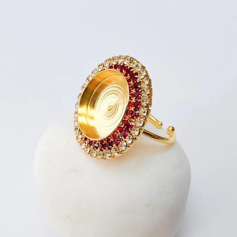 Red Crystal Ring Bezel, Adjustable Ring Base, 16mm Round Bezel Setting, 24K Shiny Gold, G37438