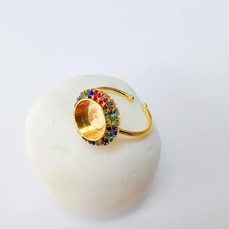 Colorful Crystal Ring Bezel, Adjustable Ring Base, 10mm Round Bezel Setting, 24K Shiny Gold, G37439