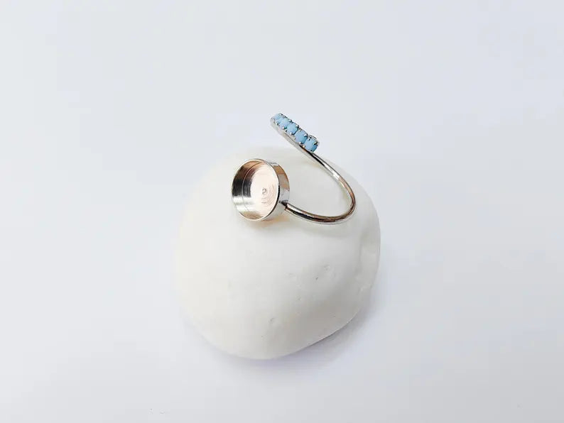 Turquoise Crystal Accent Adjustable Ring Bezel, 10mm Bezel Cup, Shiny Silver Brass, G37440