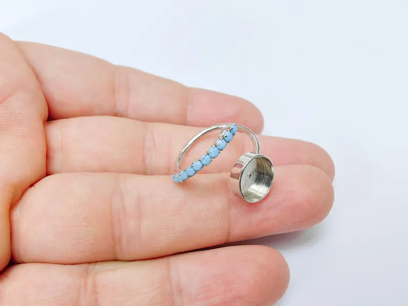 Turquoise Crystal Accent Adjustable Ring Bezel, 10mm Bezel Cup, Shiny Silver Brass, G37440