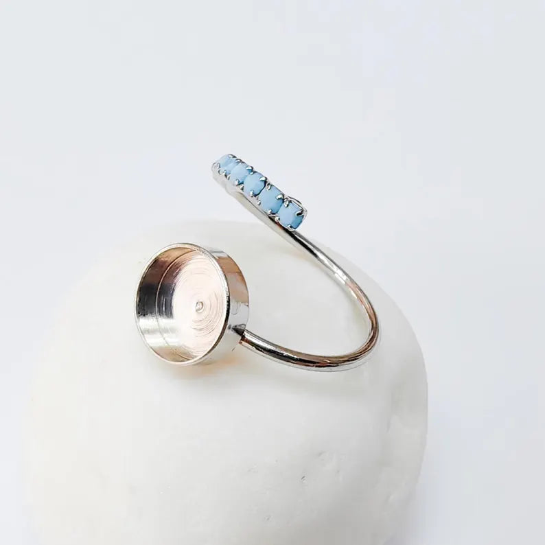 Turquoise Crystal Accent Adjustable Ring Bezel, 10mm Bezel Cup, Shiny Silver Brass, G37440