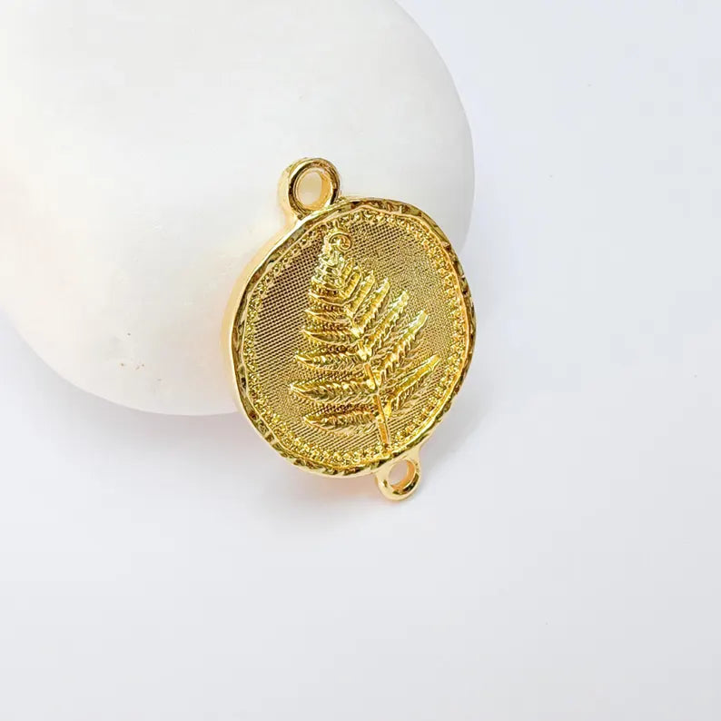 Fern Connector Pendant, Double Loop Charm, Boho Jewelry Making Supplies, 24k Shiny Gold, 31x22mm, G37364