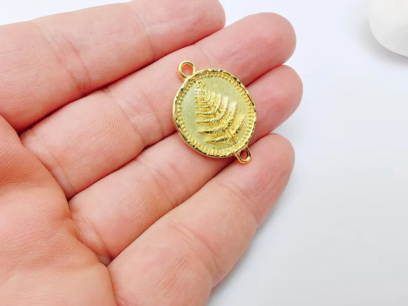 Fern Connector Pendant, Double Loop Charm, Boho Jewelry Making Supplies, 24k Shiny Gold, 31x22mm, G37364