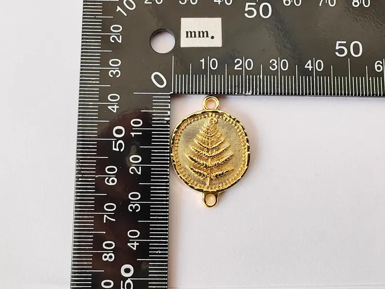Fern Connector Pendant, Double Loop Charm, Boho Jewelry Making Supplies, 24k Shiny Gold, 31x22mm, G37364