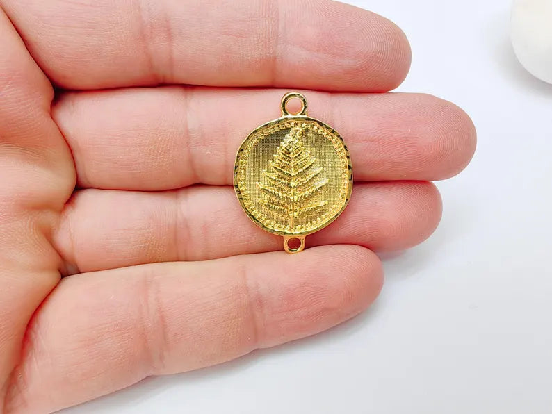Fern Connector Pendant, Double Loop Charm, Boho Jewelry Making Supplies, 24k Shiny Gold, 31x22mm, G37364