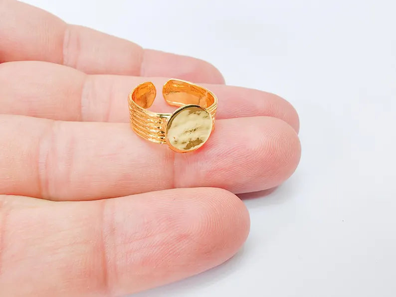 Adjustable Ring Base with 10mm Round Blank, 24k Shiny Gold Plated Brass, Nickel Free Lead Free, Jewelry Making Supplies, G37443