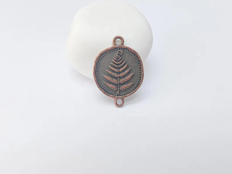 Fern Connector Pendant, Antique Copper Plated Charm, Double Loop Jewelry Making Supplies, 31x22mm G37366