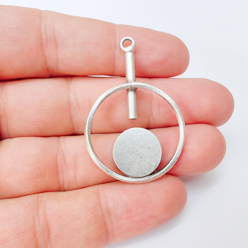 Geometric Pendant with 14mm Round Bezel, 45x29mm, Antique Silver Plated Brass, Nickel Free Lead Free, Jewelry Making Supplies, G37444