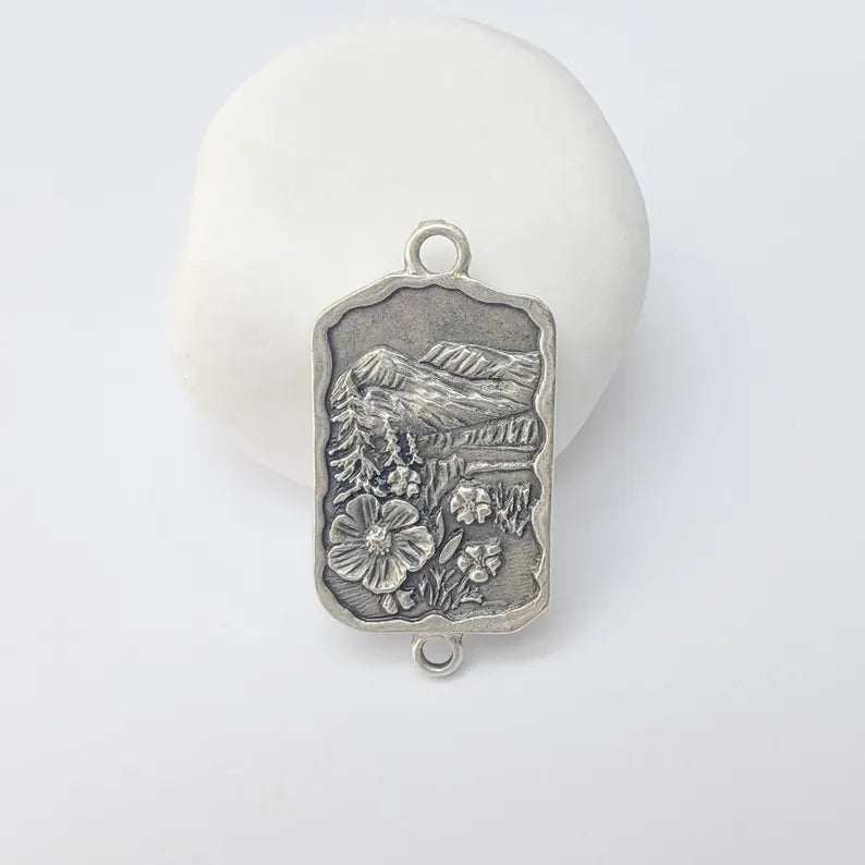Mountain Landscape Pendant Connector, Antique Silver Plated, Nature Jewelry Supplies, 37x19mm, G37368