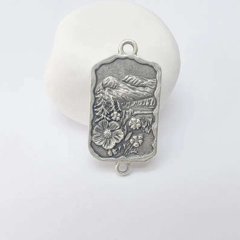 Mountain Landscape Pendant Connector, Antique Silver Plated, Nature Jewelry Supplies, 37x19mm, G37368