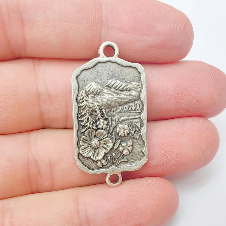 Mountain Landscape Pendant Connector, Antique Silver Plated, Nature Jewelry Supplies, 37x19mm, G37368