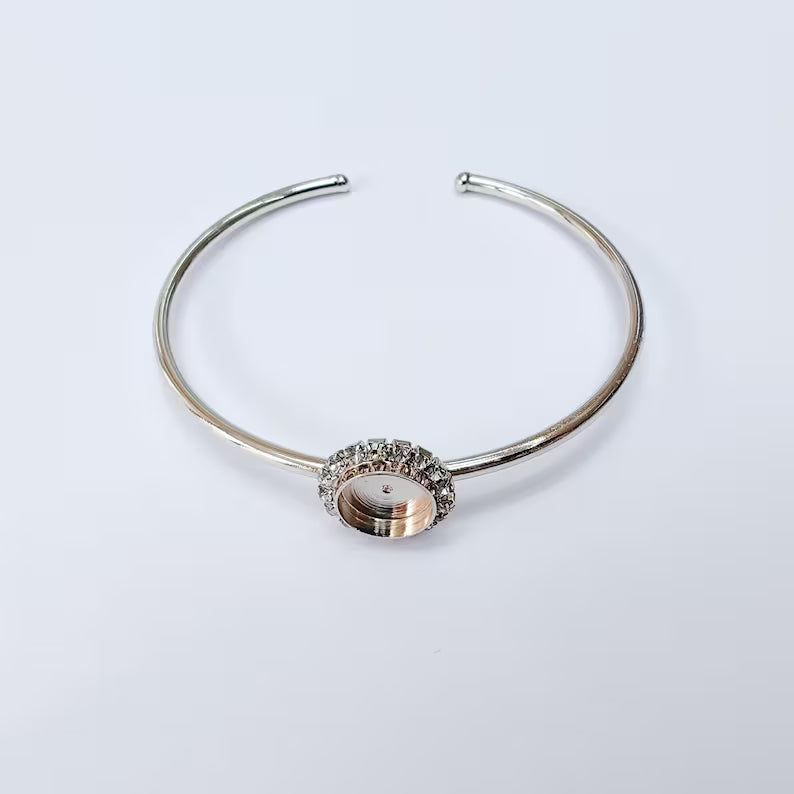 Clear Crystal Bangle Bracelet, Shiny Silver Adjustable Cuff, 10mm Bezel Jewelry Making Supplies, G37447