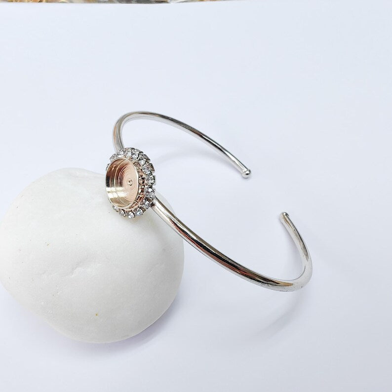 Clear Crystal Bangle Bracelet, Shiny Silver Adjustable Cuff, 10mm Bezel Jewelry Making Supplies, G37447