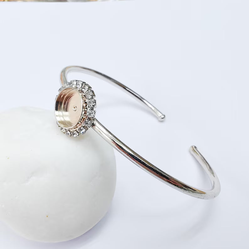 Clear Crystal Bangle Bracelet, Shiny Silver Adjustable Cuff, 10mm Bezel Jewelry Making Supplies, G37447