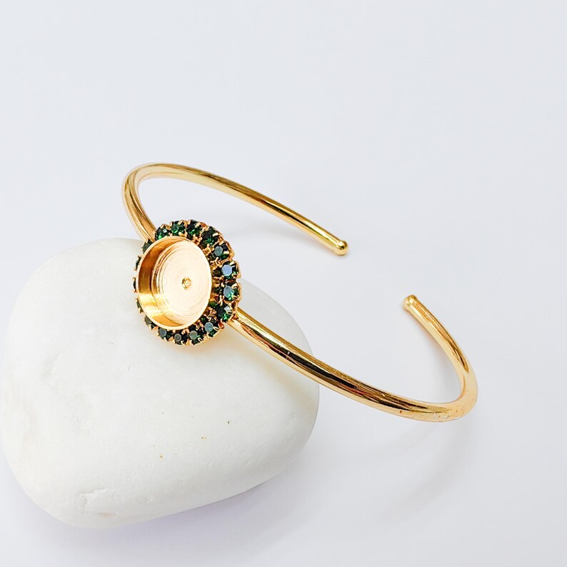 Green Crystal Accent Bracelet Bezel, Adjustable Cuff Bangle, 10mm Round Setting, 24k Shiny Gold Brass, G37448